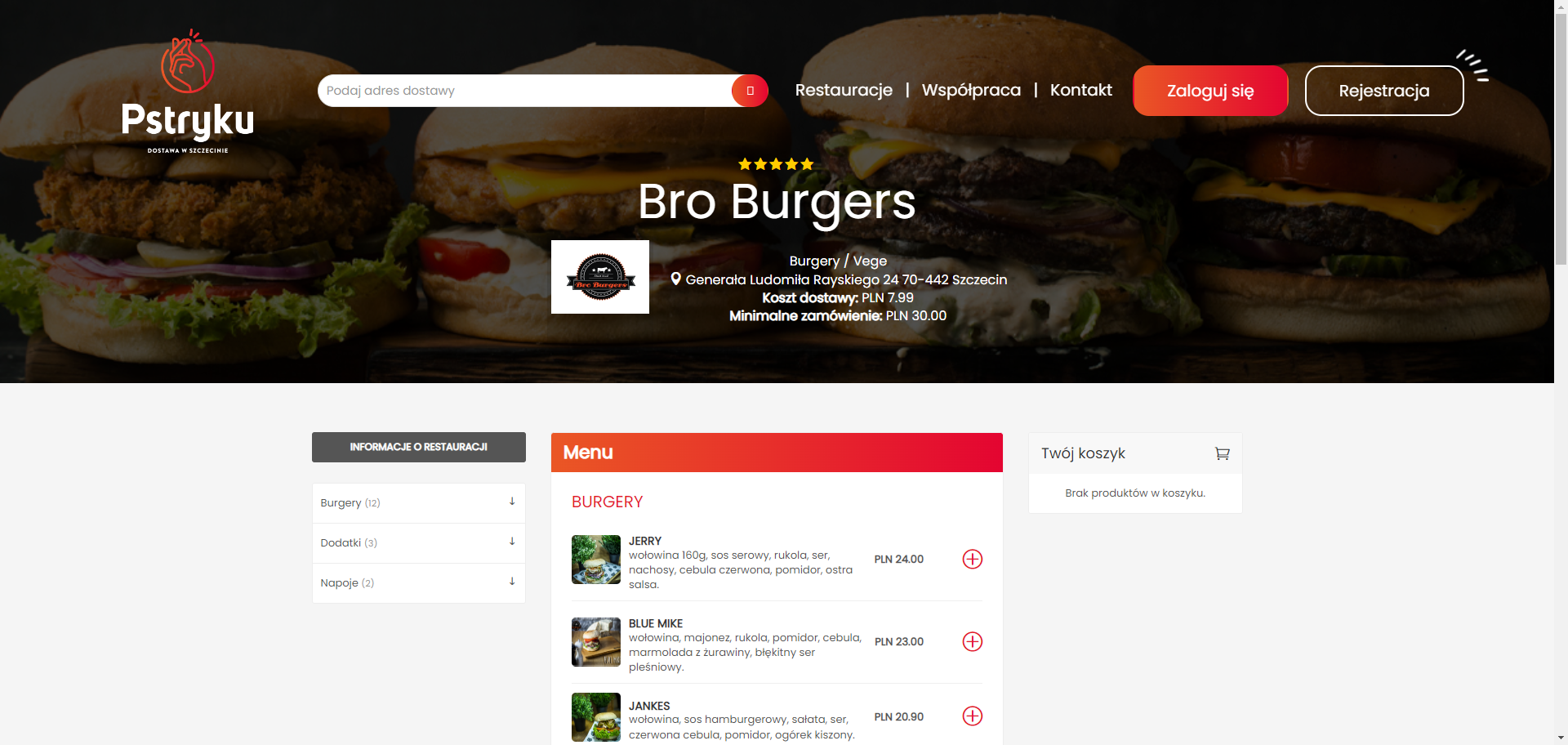 Widok restauracji z menu, koszykiem i informacjami o zamówieniu