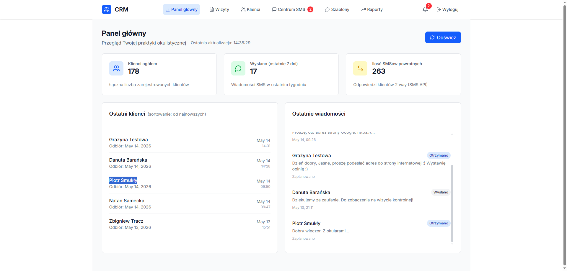 Panel CRM z klientami, wiadomościami SMS i statystykami odpowiedzi