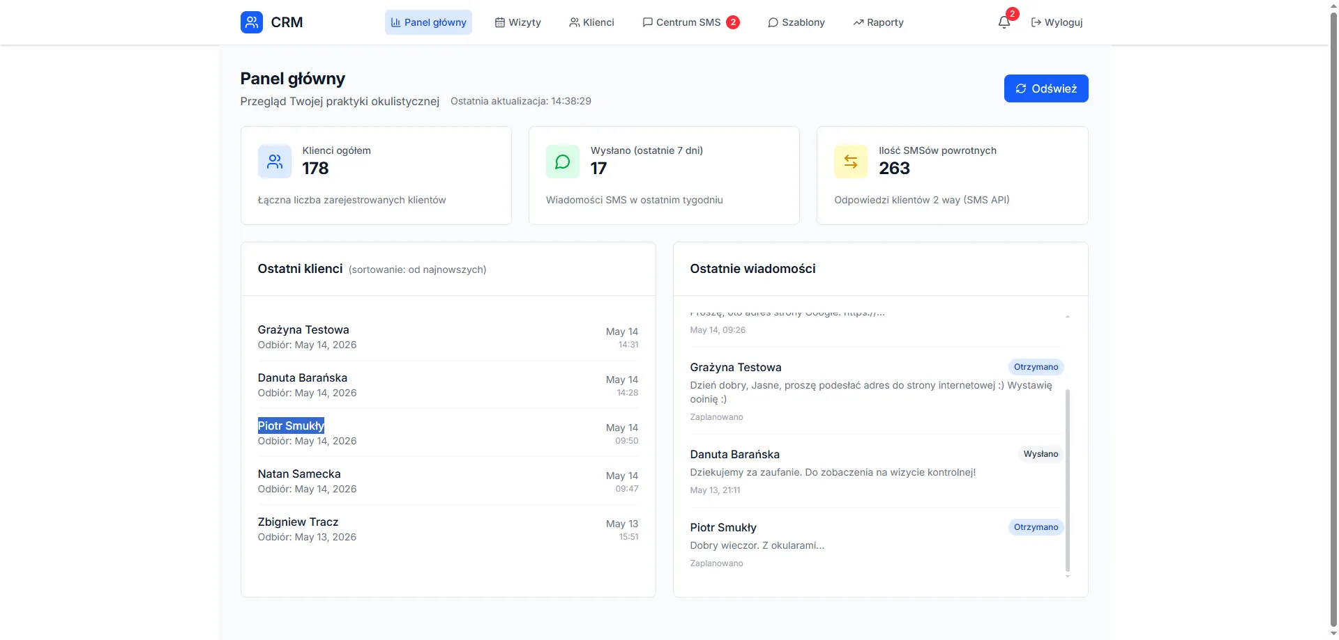 Panel CRM z klientami, wiadomościami SMS i statystykami odpowiedzi