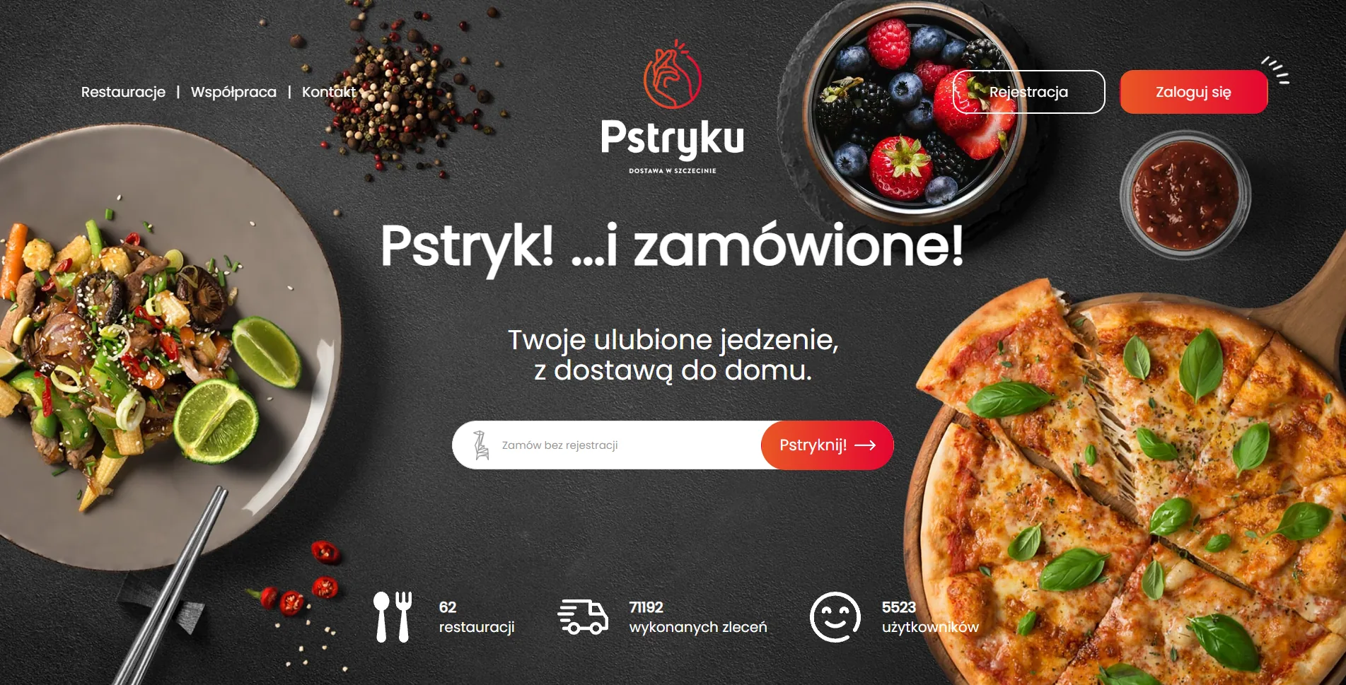Strona główna platformy Pstryku z wyszukiwarką dostaw jedzenia