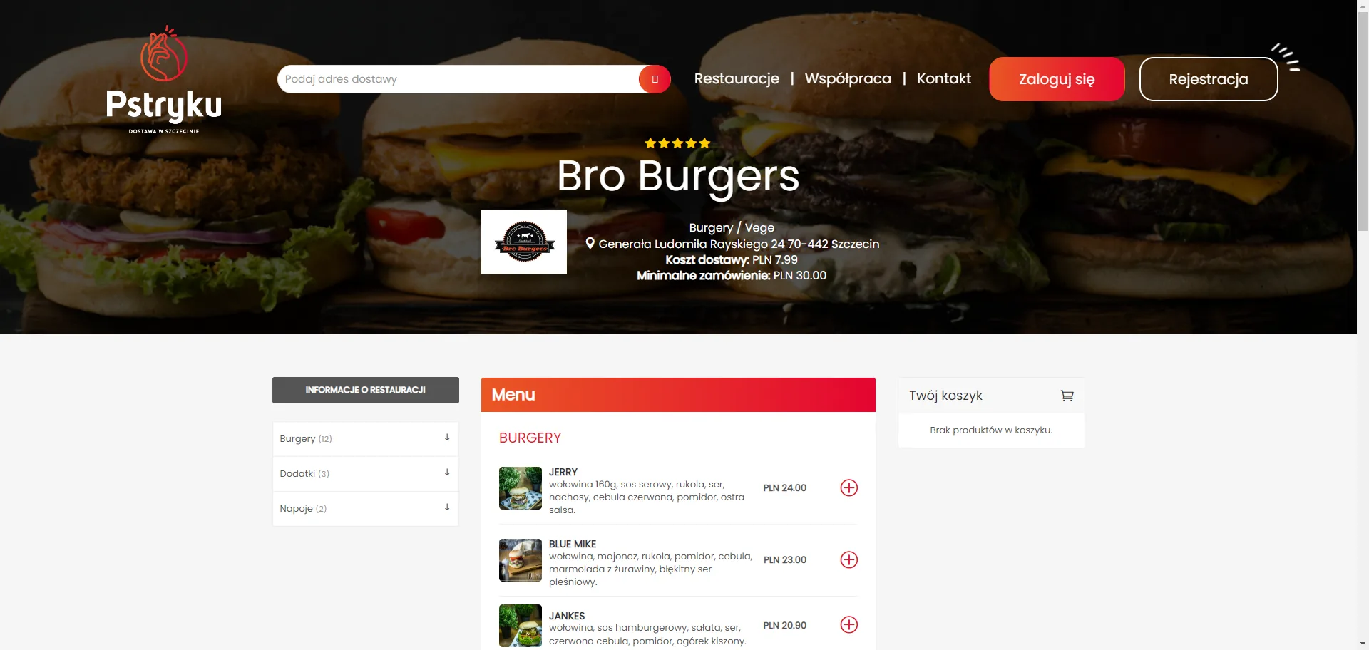 Widok restauracji z menu, koszykiem i informacjami o zamówieniu