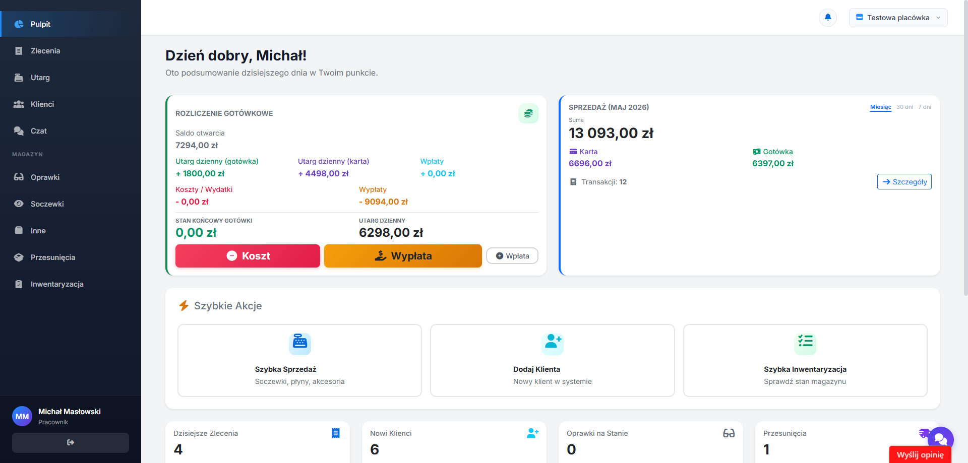 Dashboard operacyjny z rozliczeniem gotówkowym, sprzedażą i szybkimi akcjami