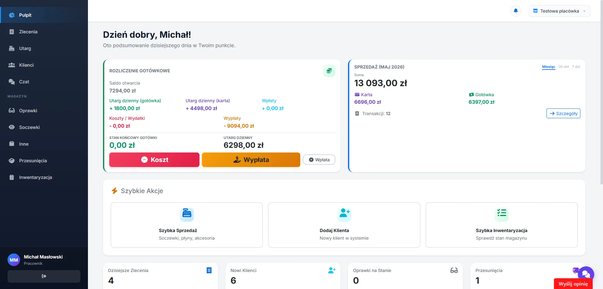 Dashboard operacyjny z rozliczeniem gotówkowym, sprzedażą i szybkimi akcjami