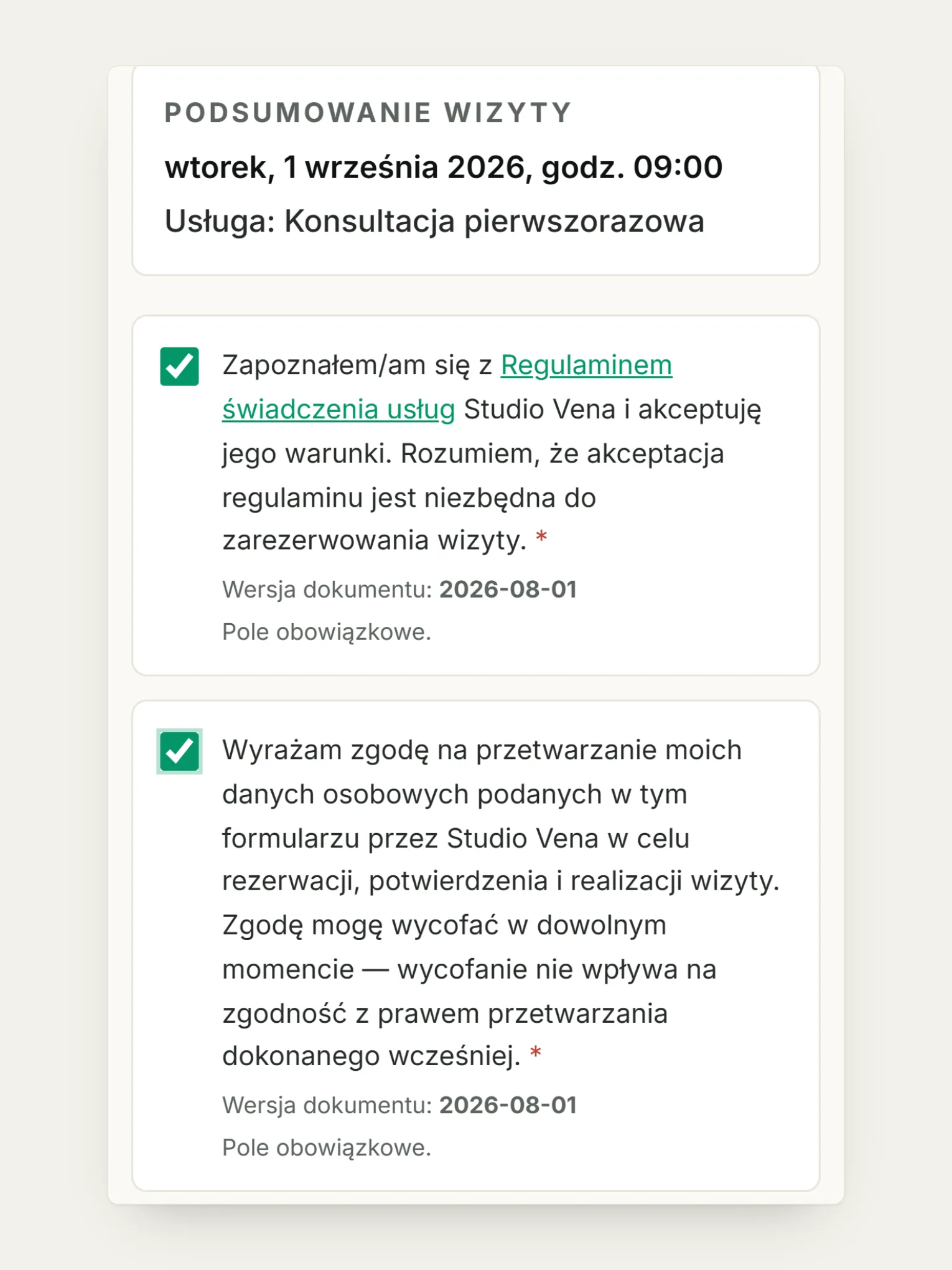 Krok 2: potwierdzenie wizyty i zgody