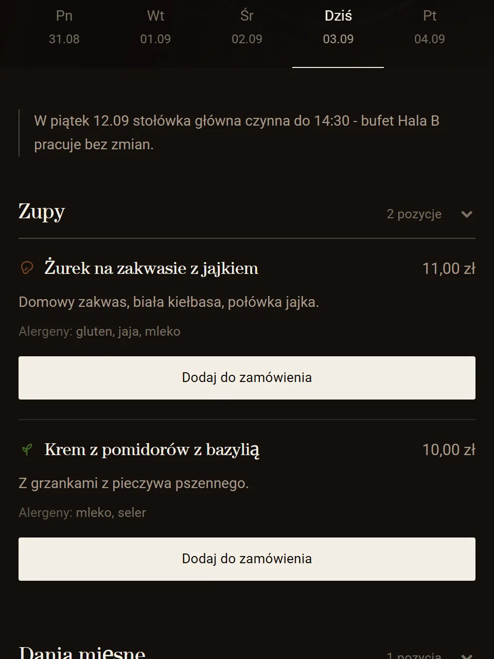 Krok 2: danie z ceną, opisem i alergenami
