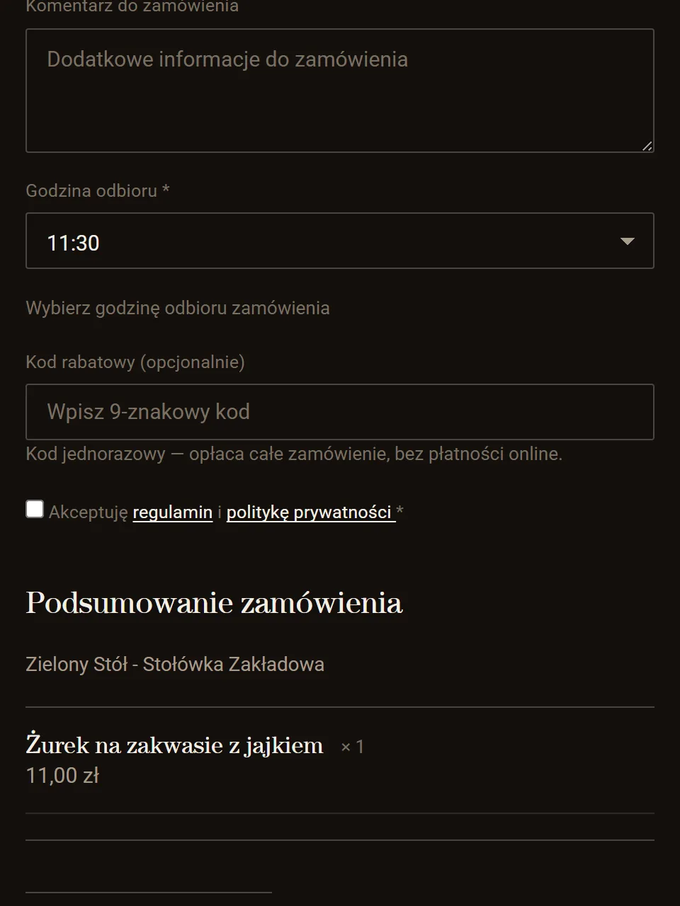 Krok 3: podsumowanie, godzina odbioru i płatność