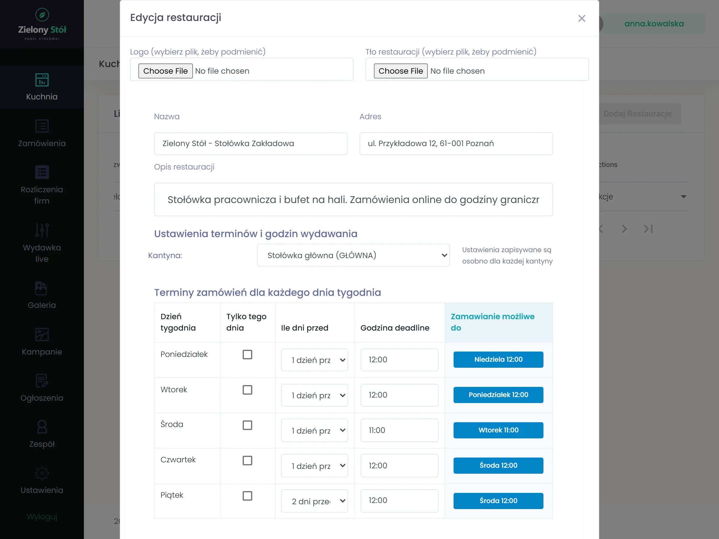 Panel: terminy zamówień dla każdego dnia tygodnia z kolumną wyliczonego terminu